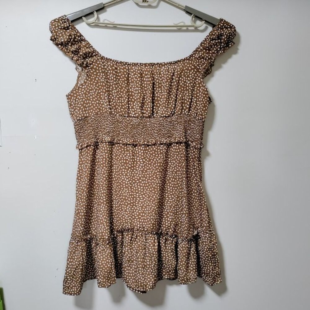 Babydoll Whimsy Ruffle Hem Tie Boho, Cocquette Empire Waist Mini Dress Khaki XXL - Picture 6 of 12